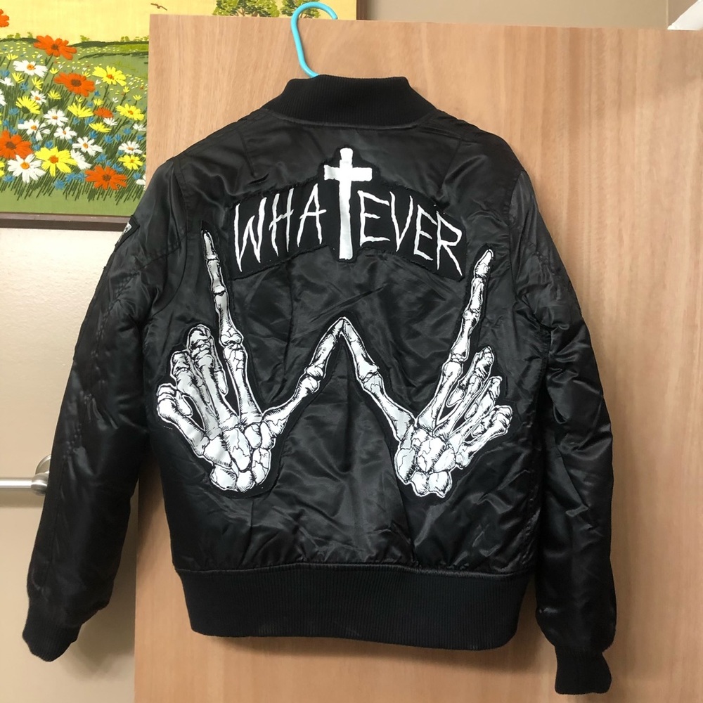 UNIF WHATEVER bomber jacket skeleton hands NEW